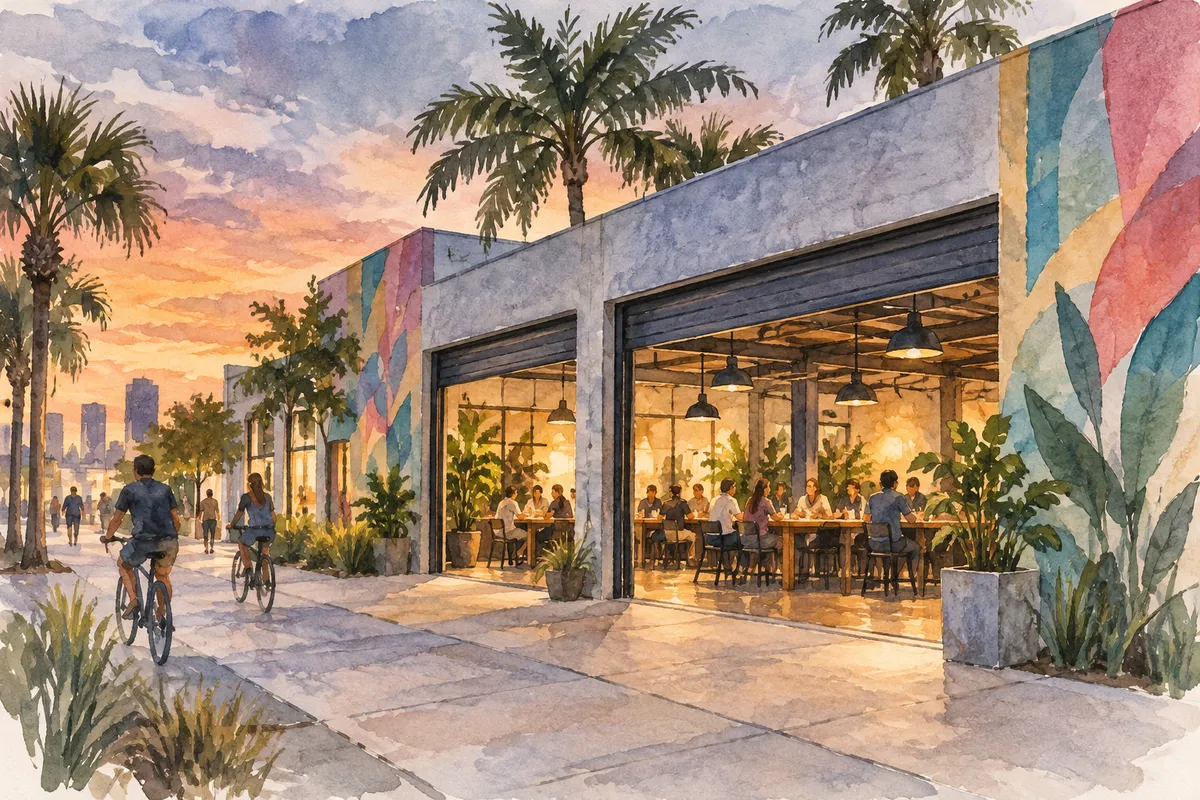 Illustration: sunlit neighborhood street and royal palms, Wynwood