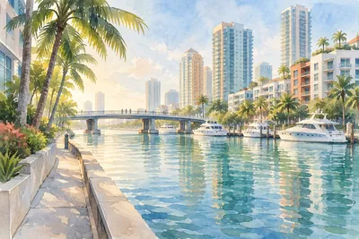 Illustration: waterfront shoreline and bay view, Downtown Miami
