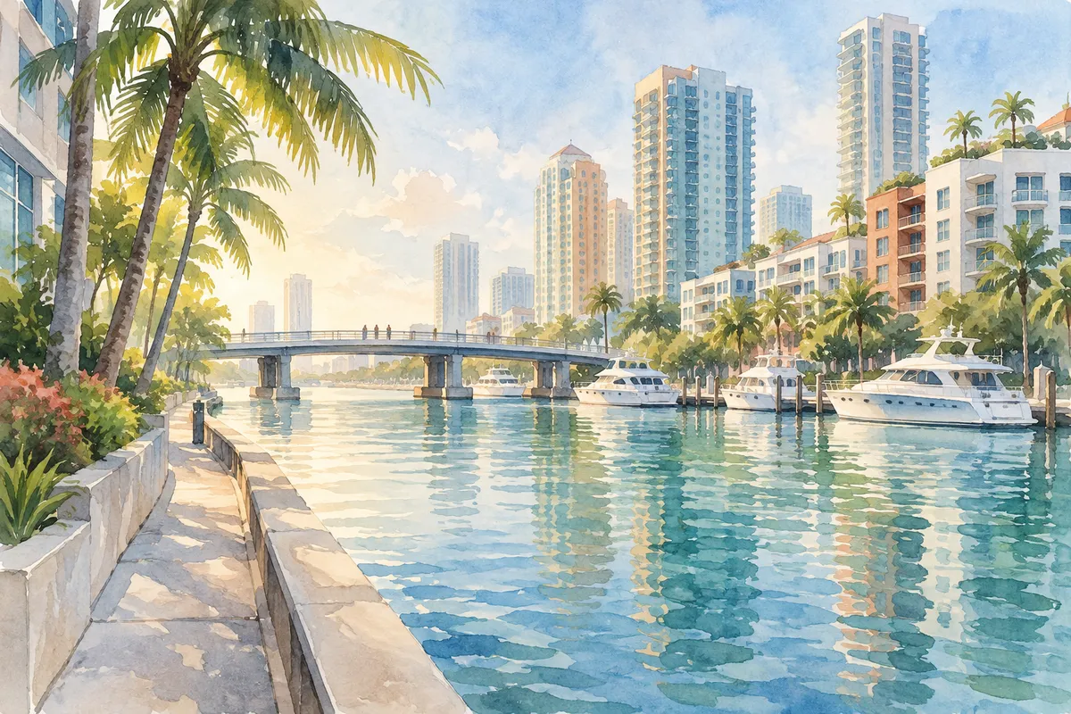 Illustration: waterfront shoreline and bay view, Downtown Miami