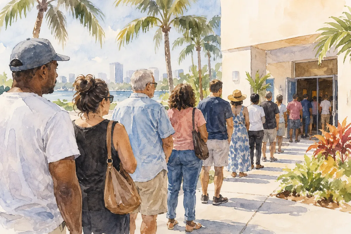 Illustration: weekend market stalls and shaded sidewalks, Miami-Dade