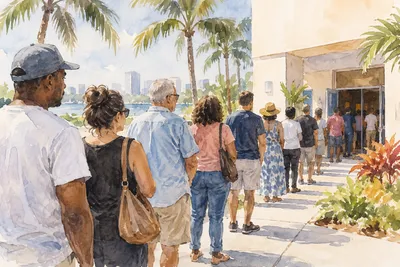 Illustration: weekend market stalls and shaded sidewalks, Miami-Dade