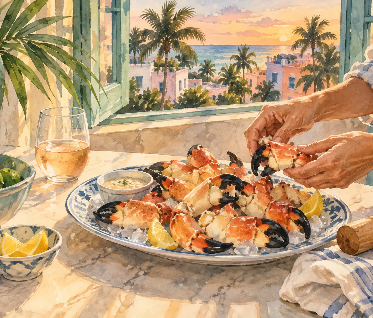 Illustration: cracking stone crab claws. South Beach / Miami-Dade