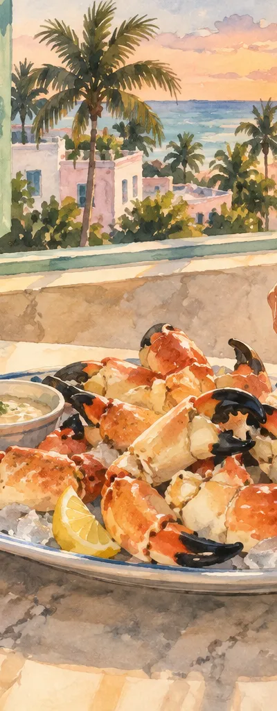 Illustration: cracking stone crab claws. South Beach / Miami-Dade