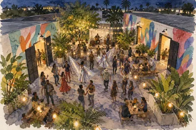 Illustration: elevated transit corridor and street-level palms, Miami