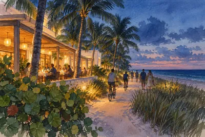 Illustration: waterfront shoreline and bay view, Mid-Beach