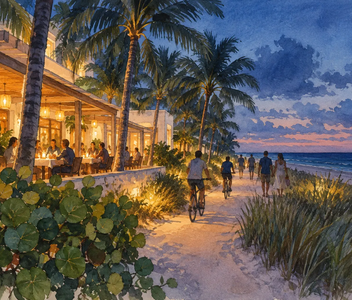 Illustration: waterfront shoreline and bay view, Mid-Beach
