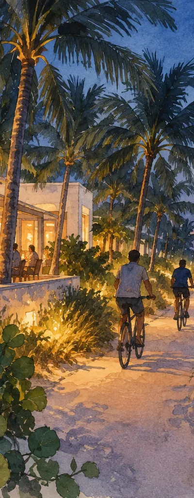 Illustration: waterfront shoreline and bay view, Mid-Beach