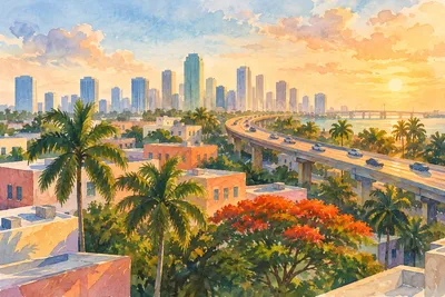 Illustration: residential balconies and coastal palms, Downtown Miami