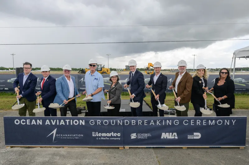 Miami-Dade County and aviation company officials break ground on Ocean Aviation’s planned $67 million campus at Miami Executive Airport on Oct. 7, 2026.