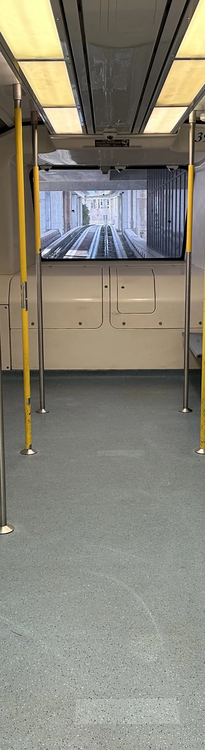 Interior of a Metromover car photographed in January 2023