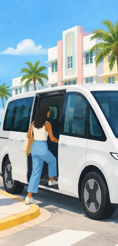 AI-generated illustration: a generic unbranded electric van picking up riders on a Miami Beach street. Concept only — not a real Freebee vehicle, not the proposed larger vans, not a real stop.
