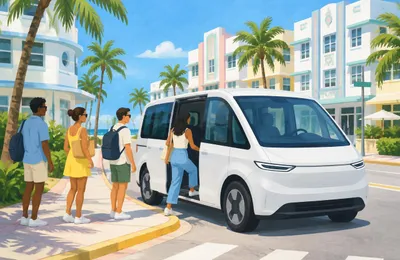 AI-generated illustration: a generic unbranded electric van picking up riders on a Miami Beach street. Concept only — not a real Freebee vehicle, not the proposed larger vans, not a real stop.