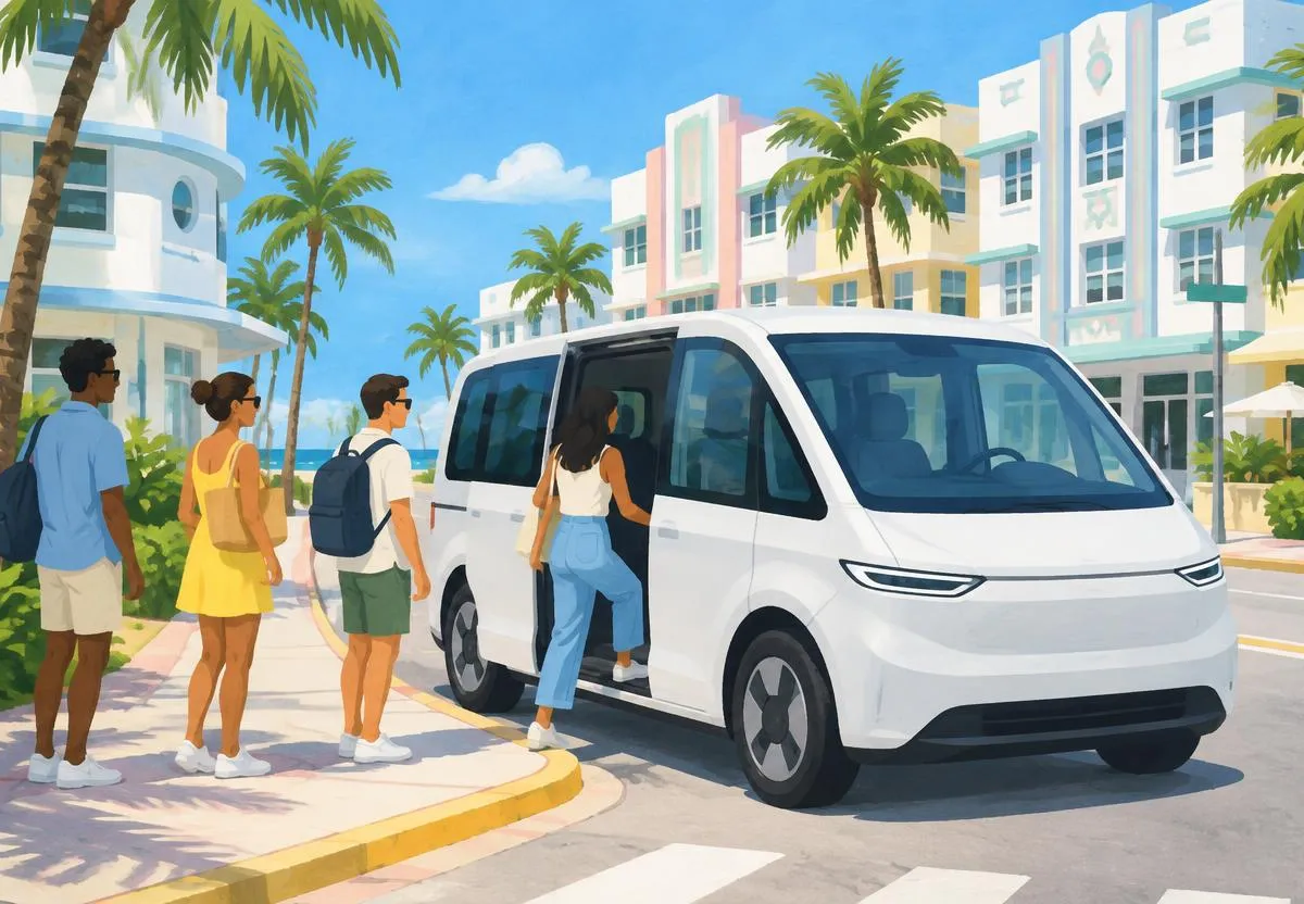 AI-generated illustration: a generic unbranded electric van picking up riders on a Miami Beach street. Concept only — not a real Freebee vehicle, not the proposed larger vans, not a real stop.