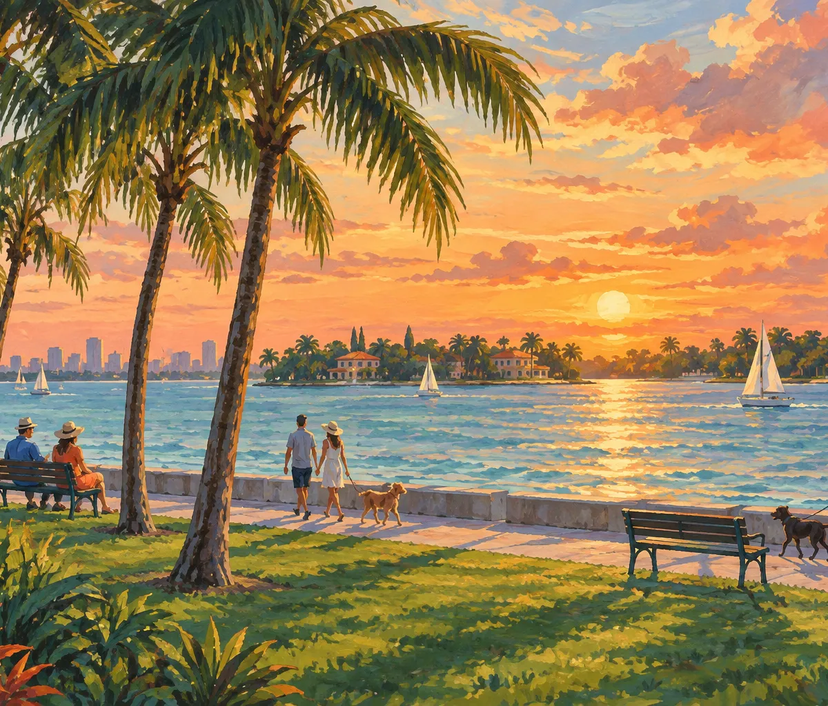Illustration: waterfront shoreline and bay view, Sunset Harbour