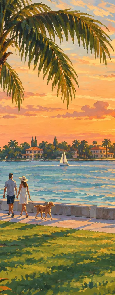 Illustration: waterfront shoreline and bay view, Sunset Harbour