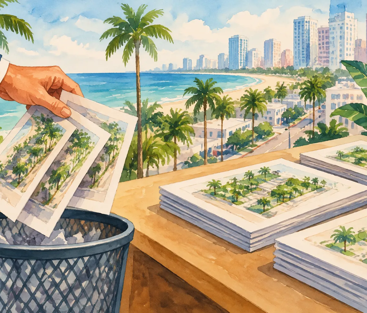 AI-generated illustration for “Galbut plans to withdraw three Miami Beach housing proposals, Bisnow reports”