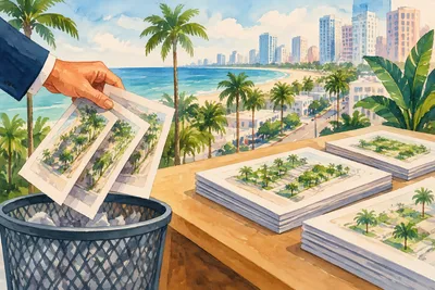 AI-generated illustration for “Galbut plans to withdraw three Miami Beach housing proposals, Bisnow reports”
