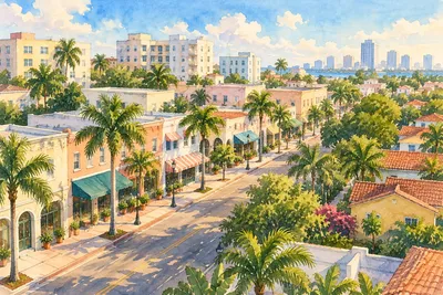 Illustration: residential balconies and coastal palms, Little Havana