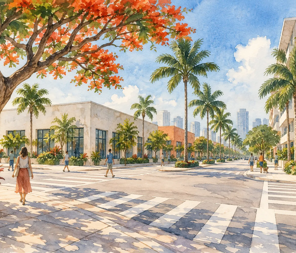 Illustration: shaded park pathways and banyan trees, Midtown