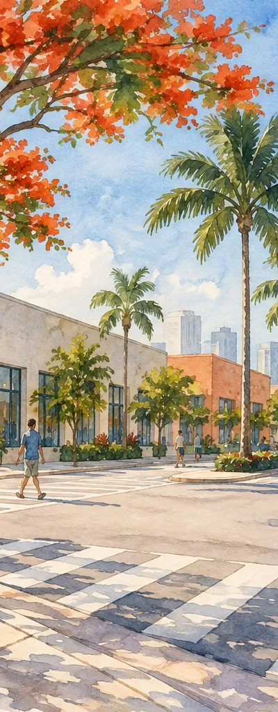 Illustration: shaded park pathways and banyan trees, Midtown