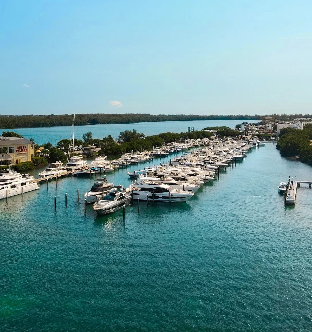Aerial photograph of Rickenbacker Marina wet slips, date unspecified; existing marina, not redevelopment.
