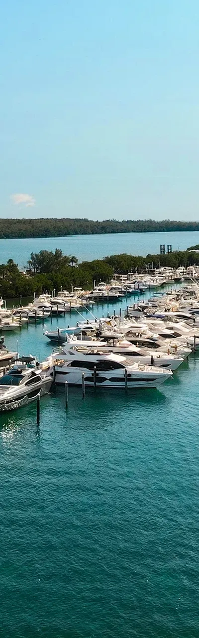 Aerial photograph of Rickenbacker Marina wet slips, date unspecified; existing marina, not redevelopment.