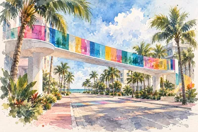 Illustration: residential balconies and coastal palms, Miami Beach