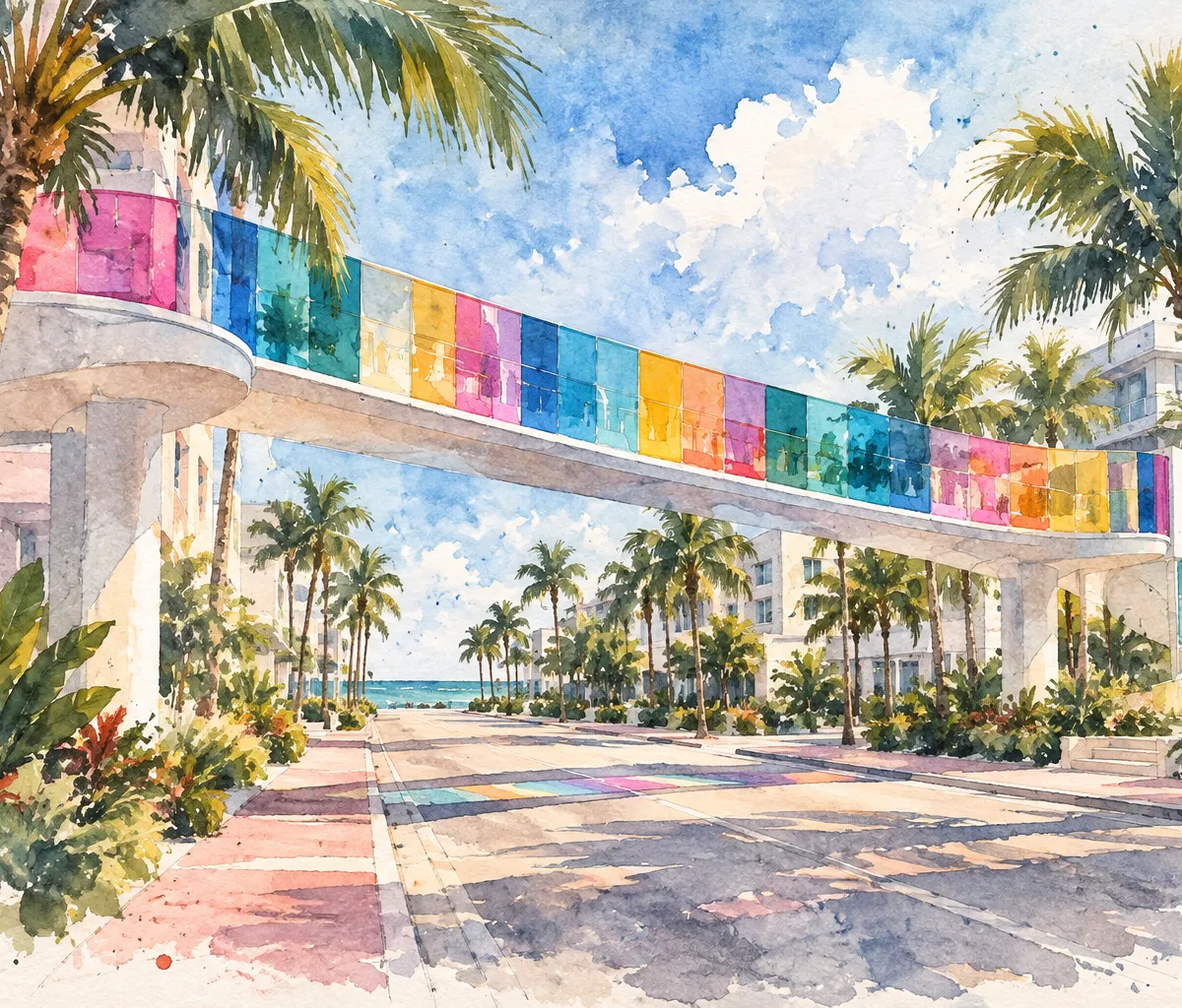 Illustration: residential balconies and coastal palms, Miami Beach