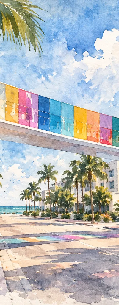 Illustration: residential balconies and coastal palms, Miami Beach