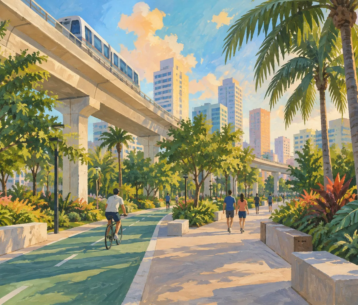 Illustration: elevated transit corridor and street-level palms, Miami