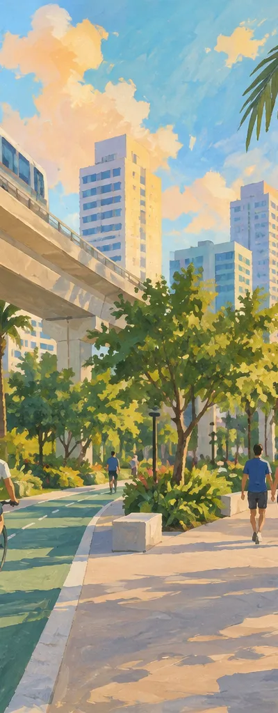 Illustration: elevated transit corridor and street-level palms, Miami