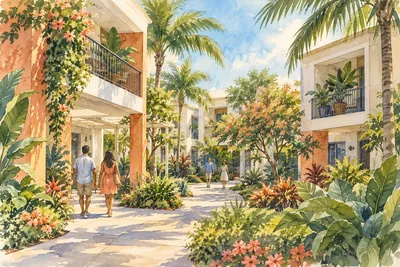 Illustration: apartment courtyard and shaded walkways, West Dade