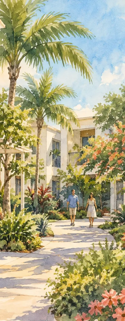Illustration: apartment courtyard and shaded walkways, West Dade