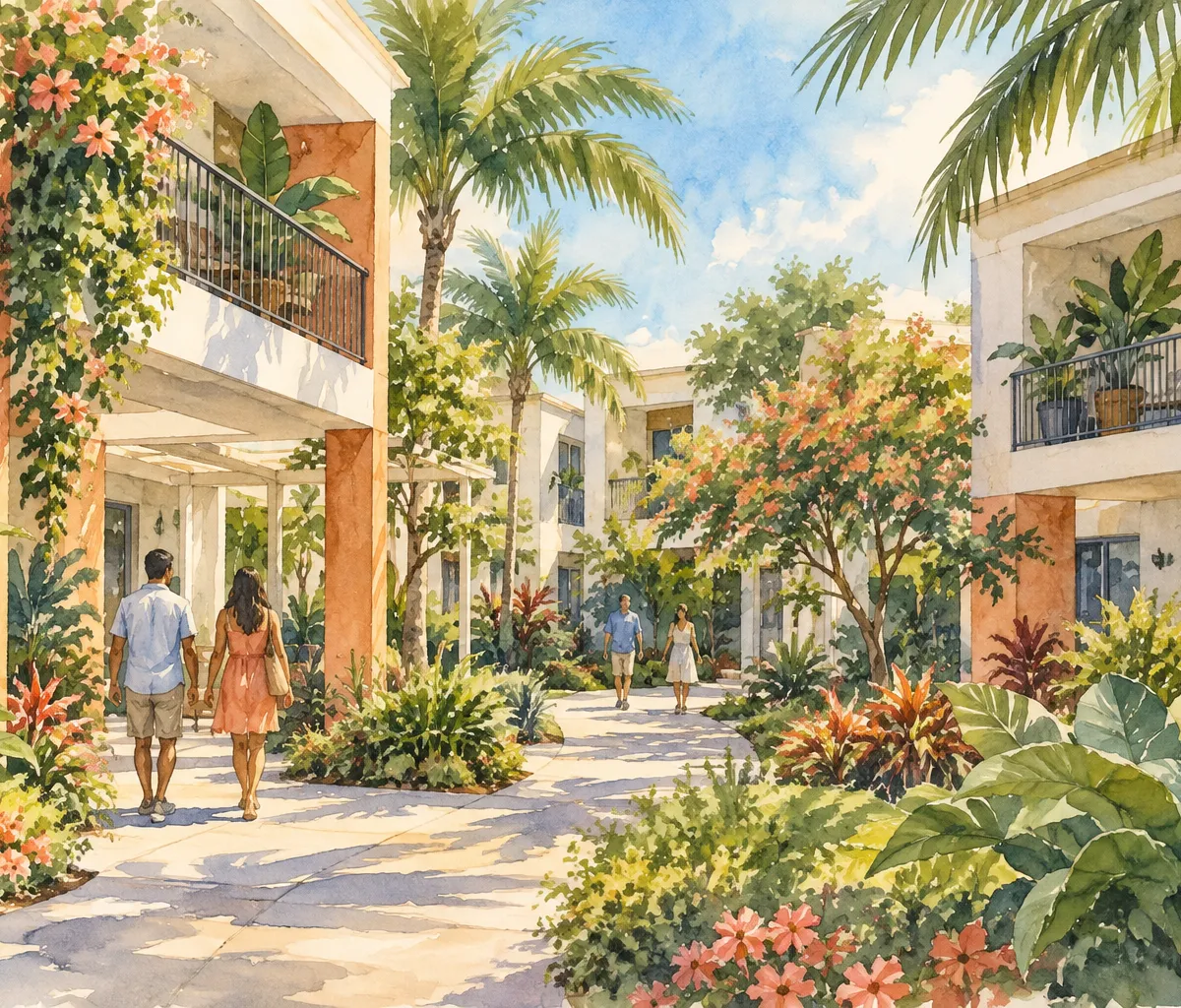 Illustration: apartment courtyard and shaded walkways, West Dade