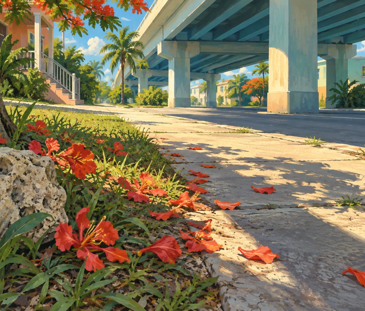 Illustration: elevated transit corridor and street-level palms, Overtown
