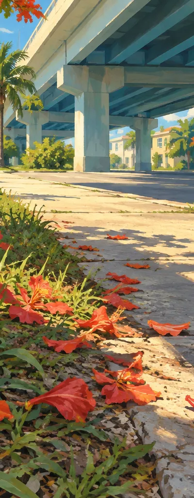 Illustration: elevated transit corridor and street-level palms, Overtown