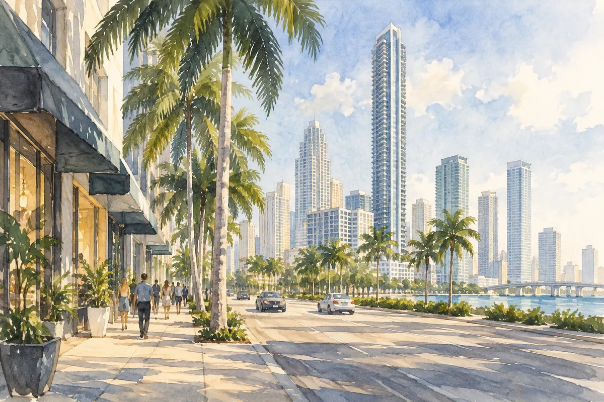 Illustration: waterfront shoreline and bay view, Downtown Miami