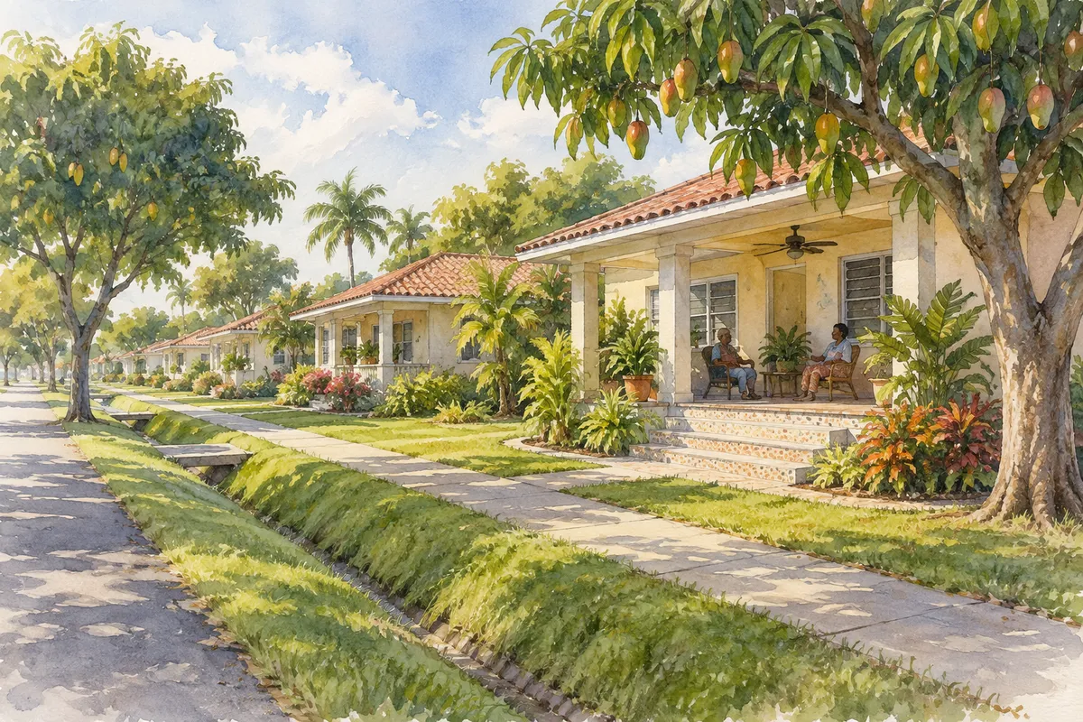 Illustration: residential balconies and coastal palms, Miami-Dade