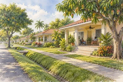 Illustration: residential balconies and coastal palms, Miami-Dade