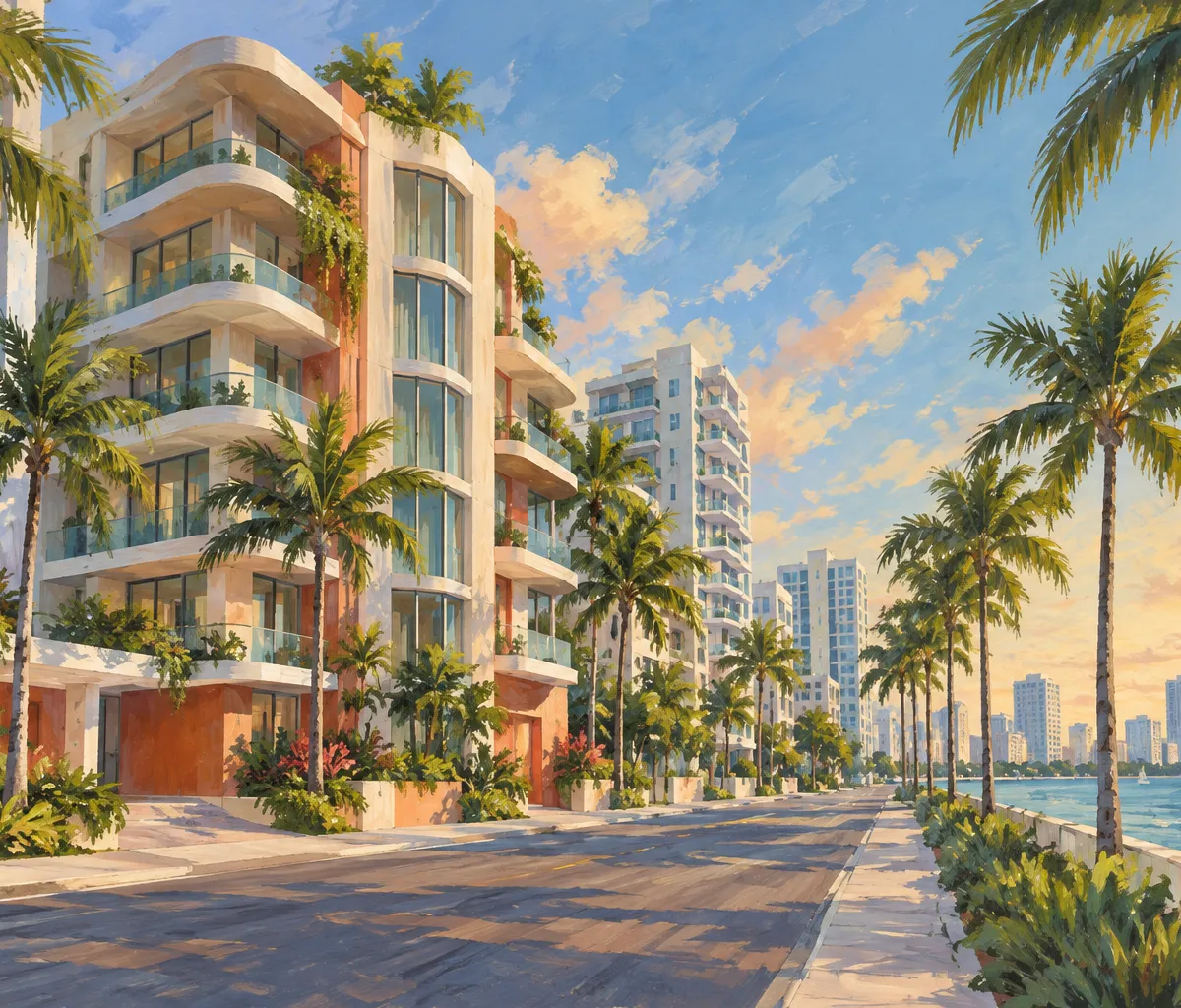 Illustration: apartment courtyard and shaded walkways, Edgewater