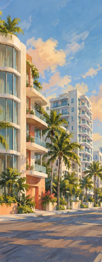 Illustration: apartment courtyard and shaded walkways, Edgewater