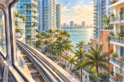 Illustration: residential balconies and coastal palms, Miami