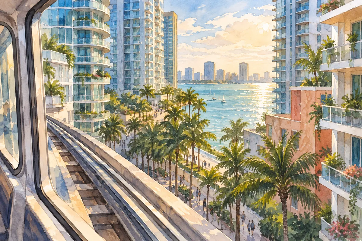 Illustration: residential balconies and coastal palms, Miami